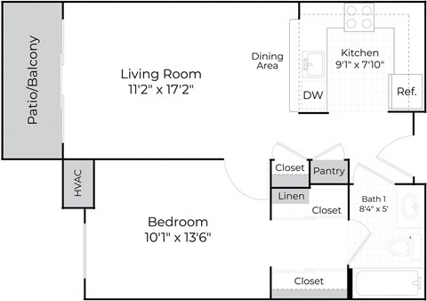 Floor plan for 1 bed, 1 bath, 588 sqft